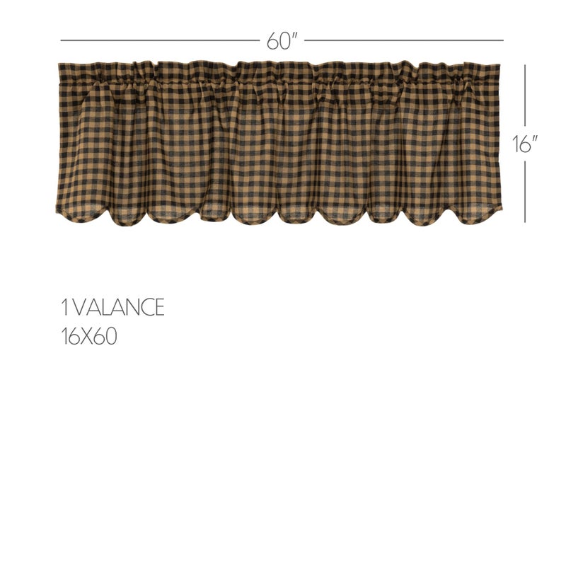 VHC Brands Black Check Scalloped Valance 16x60 Country Curtain, Black and Tan - Image 2
